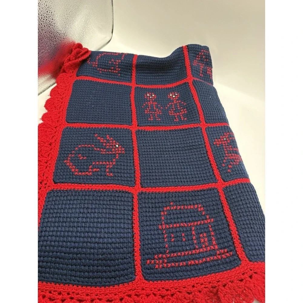 Vintage Baby Boy Quilt Blue Red Animals Handmade Pillow Case 36